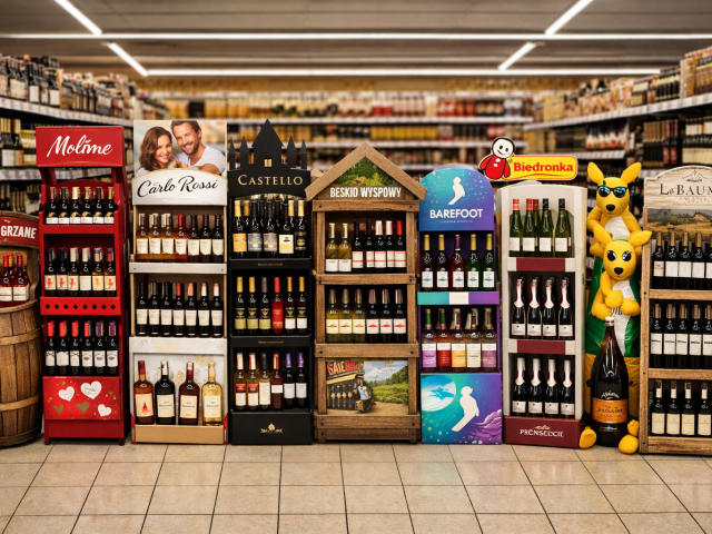 Top 10 standów POS na wina w polskich sklepach.
