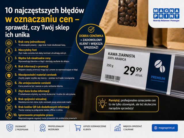 Porównanie: po lewej niechlujna, odręczna cenówka (BŁĄD), po prawej profesjonalna, czytelna cenówka od producenta (SUKCES)