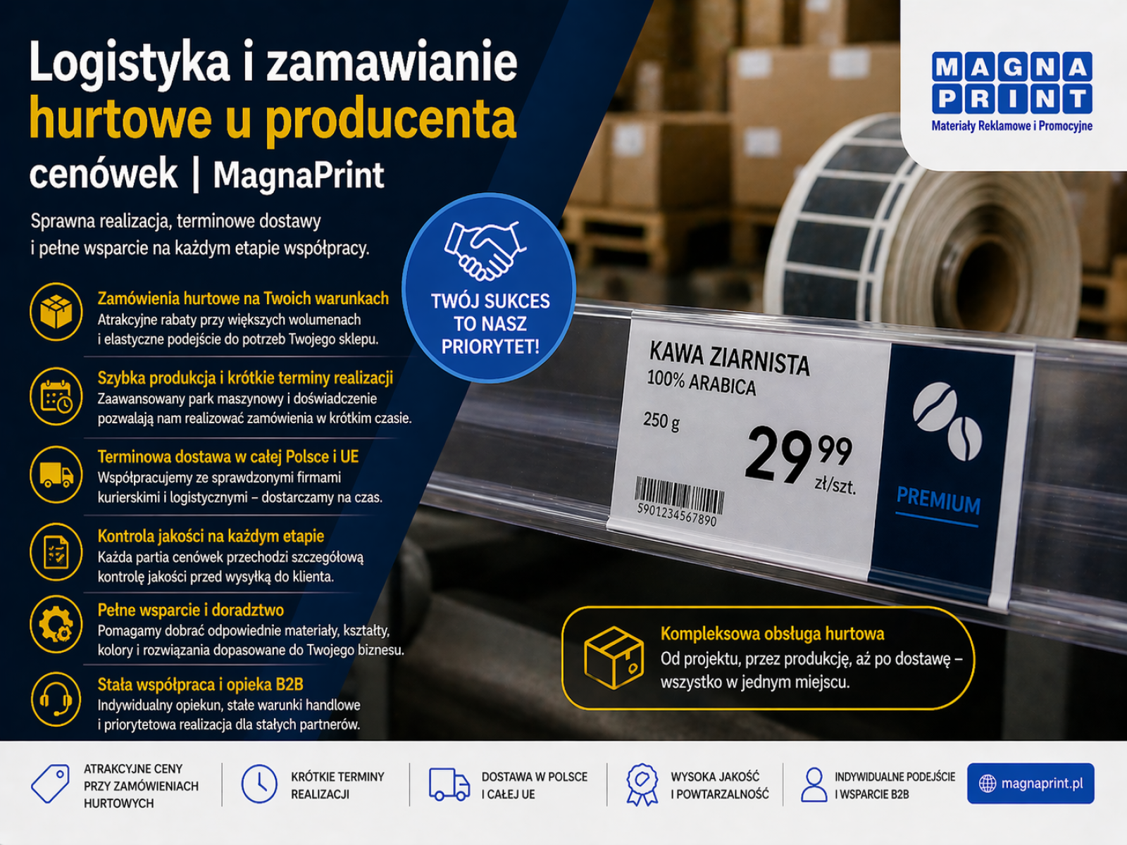 Nowoczesna hala produkcyjna MagnaPrint z przygotowanymi paletami cenówek do wysyłki dla dużej sieci handlowej