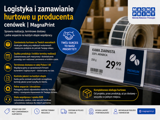 Nowoczesna hala produkcyjna MagnaPrint z przygotowanymi paletami cenówek do wysyłki dla dużej sieci handlowej